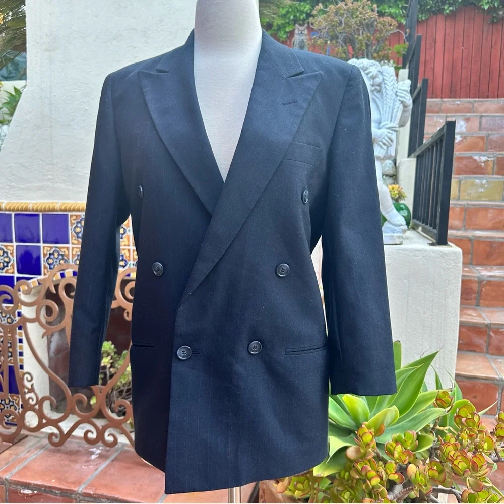 VTG Christian Dior Boyfriend Strip Double Breasted Wool Poly Jacket Coat Size S